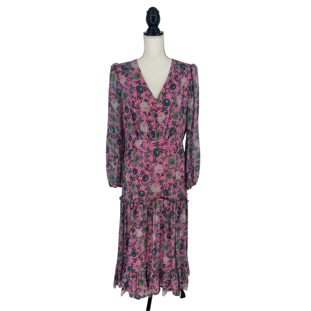 Saloni Devon Floral Silk Georgette Midi Dress Pink Size 12 - Picture 2 of 12